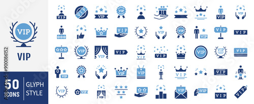 Set of 50 VIP icon. Contains such Icons as Special Guests List, Red Carpet, VIP glyph and more. Solid icons vector collection.