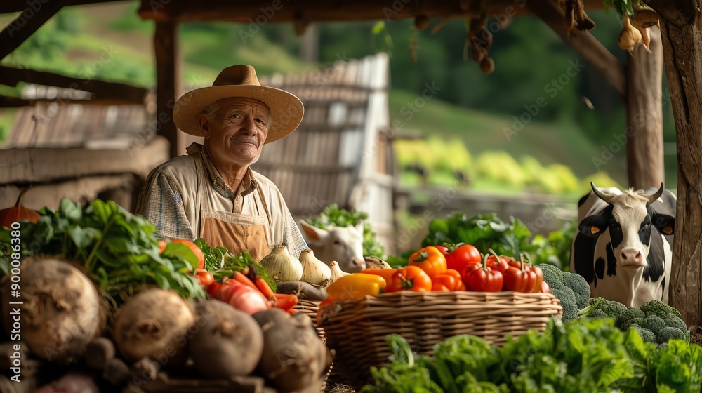 Fototapeta premium A smiling farmer at a rustic market stall, surrounded by fresh vegetables and a cow in a peaceful countryside setting.