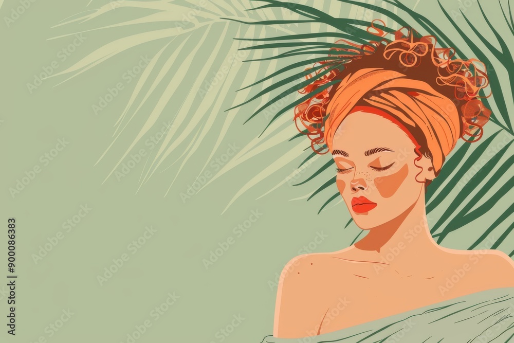 Chinese minimalism illustration, portrait of a fair-skinned woman with curly auburn hair styled in a high puff with a vibrant headscarf, wearing a flowy off-the-shoulder top, , boho woman Chinese minimalism illustration, portrait of a fair-skinned woman with curly auburn hair styled in a high puff with a vibrant headscarf, wearing a flowy off-the-shoulder top, , boho woman