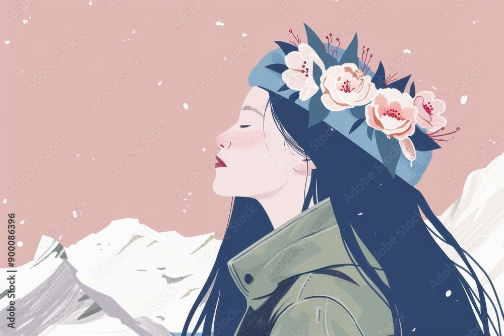 Chinese minimalism illustration, portrait of a fair-skinned woman with long, straight indigo hair styled with a floral headband, wearing a parka, flat illustration , boho woman Chinese minimalism illustration, portrait of a fair-skinned woman with long, straight indigo hair styled with a floral headband, wearing a parka, flat illustration , boho woman