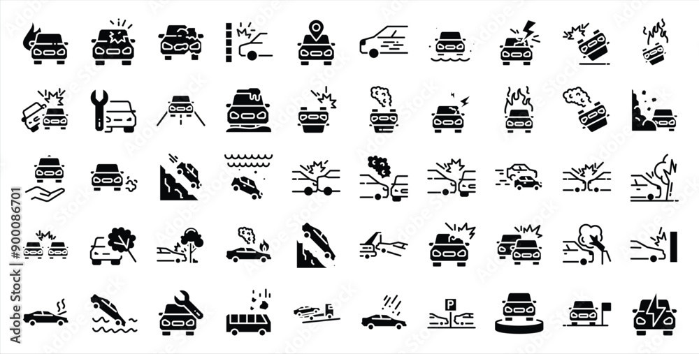 Set of 50 icons related to car accident. Contains icons like car, collision, crash, accident and more. Solid icons vector collection. Set of 50 icons related to car accident. Contains icons like car, collision, crash, accident and more. Solid icons vector collection.