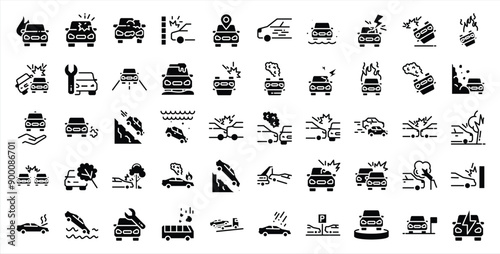 Set of 50 icons related to car accident. Contains icons like car, collision, crash, accident and more. Solid icons vector collection.