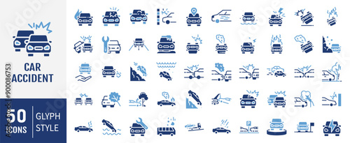 Set of 50 icons related to car accident. Contains icons like car, collision, crash, accident and more. Solid icons vector collection.