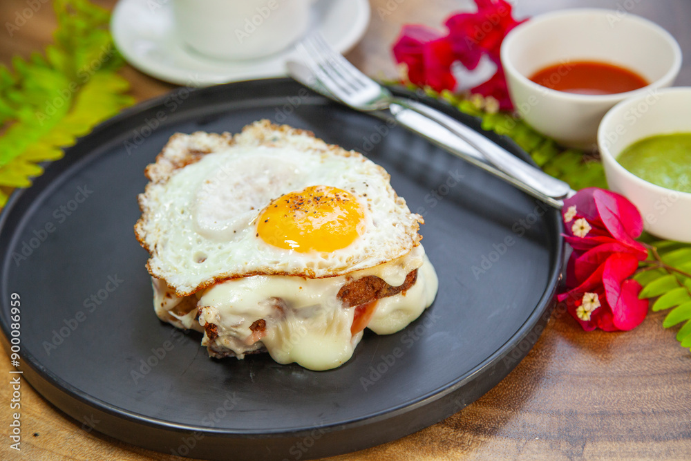 Sandwich de Jamón con queso gratinado acompañado por un huevo Sandwich de Jamón con queso gratinado acompañado por un huevo