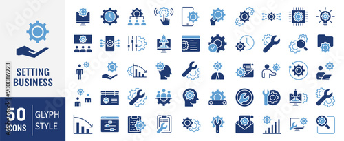 Setting Business icon set editable stroke. Solid icons vector collection.