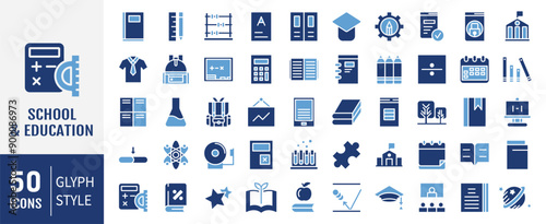 School icon set. Containing classroom, students icons. Education and knowledge symbol. Solid icons vector collection.