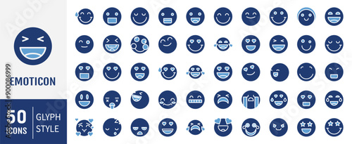 Set of 50 face emoji icons. Solid icons vector collection.