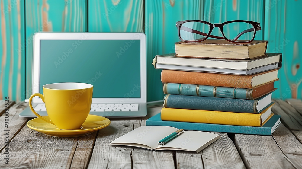 Cozy Workspace with Books, Laptop, and Yellow Coffee Cup.. Cozy Workspace with Books, Laptop, and Yellow Coffee Cup..