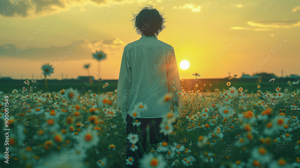 Fototapeta premium Person Standing in Daisy Field at Sunset..
