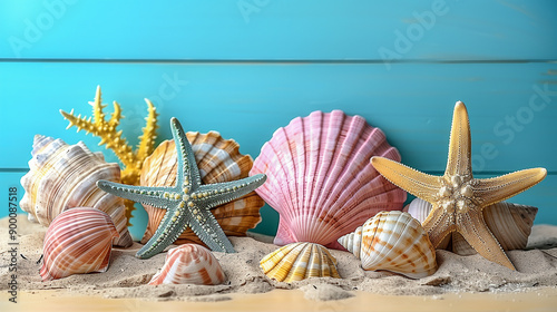 Colorful Seashells and Starfish on Sandy Beach..