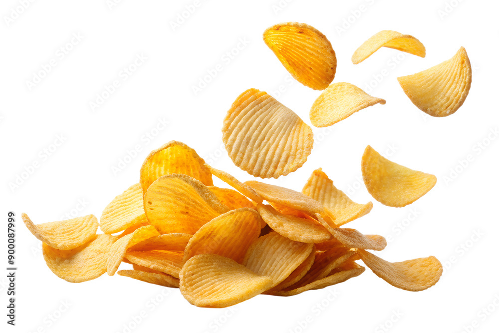 Potato chips falling in the air isolated on a transparent background.
Potato chips falling in the air isolated on a transparent background.