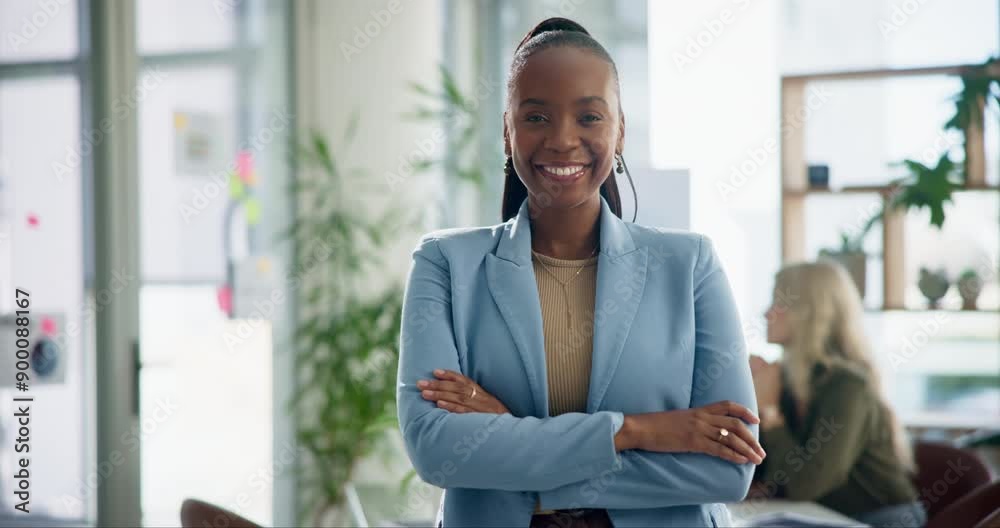 Crossed arms, woman and creative with face in office, business meeting and coworking workplace or vision. Company, career goal and pride with confident African female person, happy and employee smile Crossed arms, woman and creative with face in office, business meeting and coworking workplace or vision. Company, career goal and pride with confident African female person, happy and employee smile