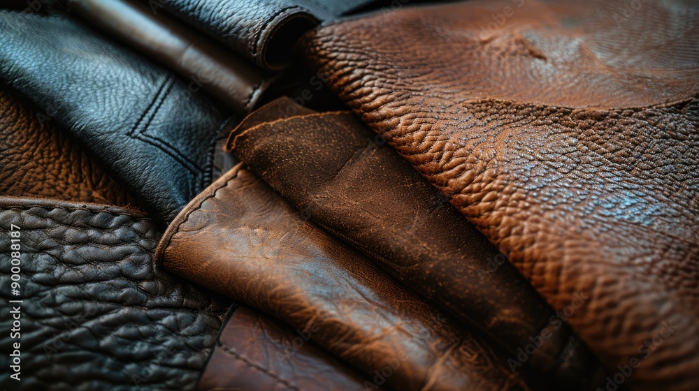Variety of leather samples for furniture and products with inscription space Materials for leather industry Variety of leather samples for furniture and products with inscription space Materials for leather industry