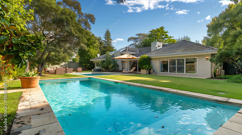 View of swimming pool in home lawn , swimming pool in home is amazing addition in home decoration. View of swimming pool in home lawn , swimming pool in home is amazing addition in home decoration.