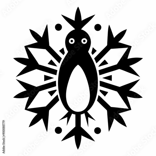 Mandala design of a penguin black and white with ice and snowflake patterns