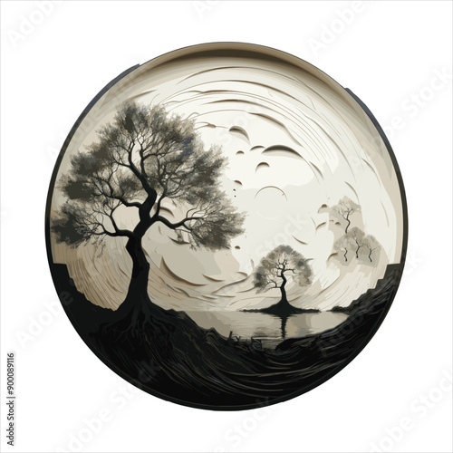 Circular silhouette of a majestic tree vector art style roots gripping tightly into the earth