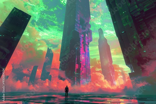 Cyberpunk city under a vibrant sky with a lonely figure standing in the foreground photo