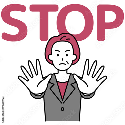 両手を前に出してSTOPと言う中年のスーツの女性