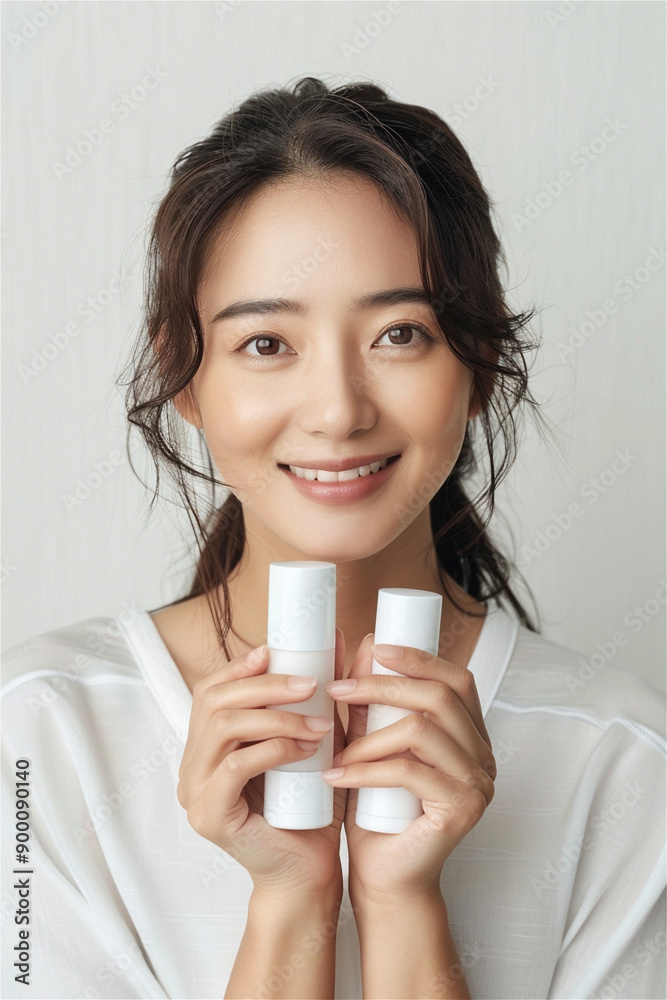 A model holding Korean cosmetics A model holding Korean cosmetics