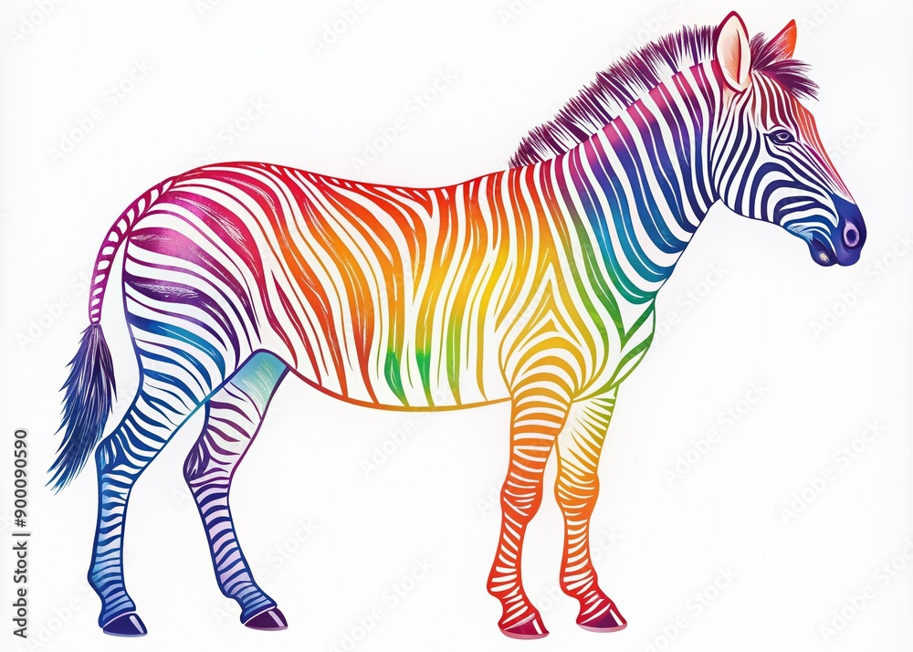 Naklejka premium Vibrant rainbow-colored zebra standing alone on a white background, symbolizing individuality, uniqueness, and independence, encouraging creative thinking and celebrating diversity.