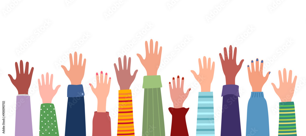 Εκτύπωση καμβά People group raised arms and hands in flat design on white background