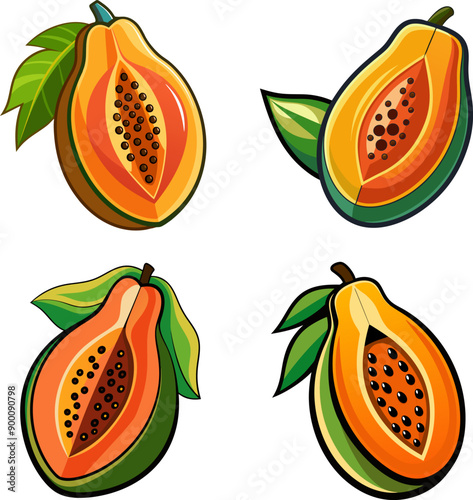 A set of Papaya fruit vector art illustrations