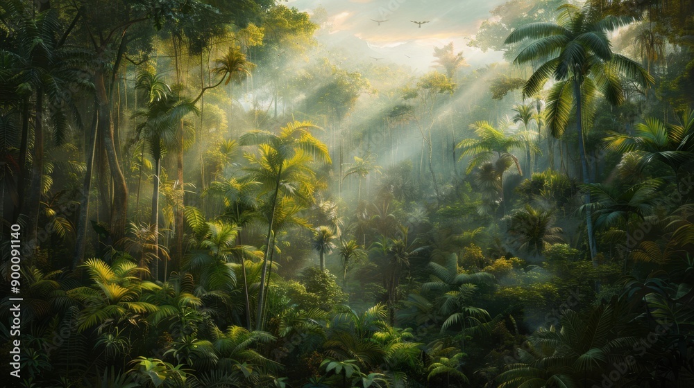 Lush tropical rainforest with sun rays streaming through dense foliage, showcasing diverse plant life and a serene natural atmosphere. Lush tropical rainforest with sun rays streaming through dense foliage, showcasing diverse plant life and a serene natural atmosphere.