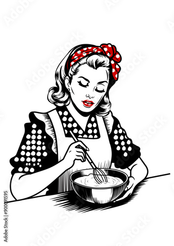 vintage retro woman mixing the cake batter
