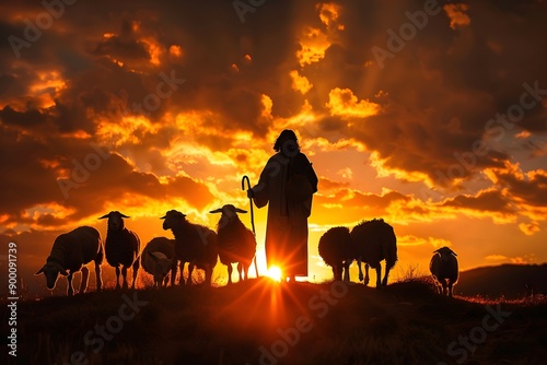 Jesus holding his staff and caring for the lambs looking at the sunset