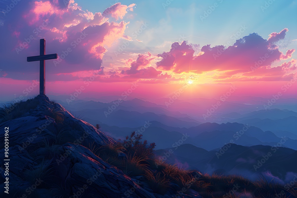 Beautiful red sunset scene with silhouette of a cross standing on a mountain hill Beautiful red sunset scene with silhouette of a cross standing on a mountain hill