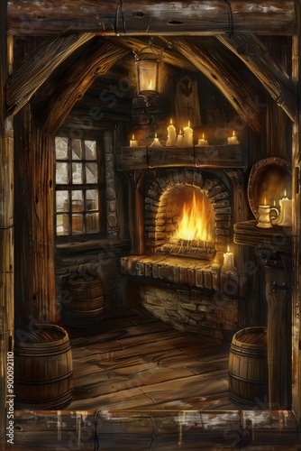 Medieval Tavern with rough-hewn wood, tankards, and flickering candles. Cozy tavern interior with a roaring fireplace © grey