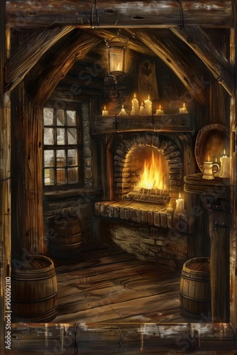 Medieval Tavern with rough-hewn wood, tankards, and flickering candles. Cozy tavern interior with a roaring fireplace