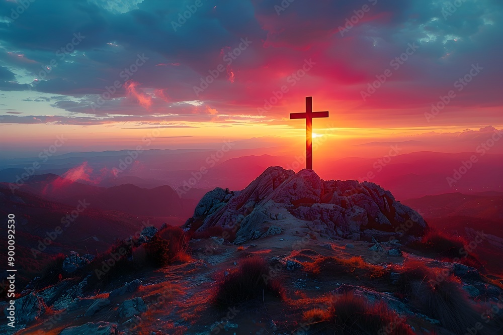 Beautiful red sunset scene with silhouette of a cross standing on a mountain hill Beautiful red sunset scene with silhouette of a cross standing on a mountain hill