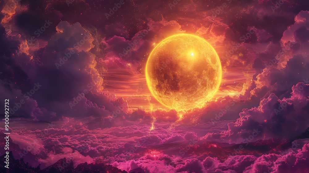 Fototapeta premium intense yellow golden intricate detail pattern orb Huangdi mythological China circular energy field Chinese ancient cloud illustration in circular 3d ball spinning like light night electricity golden 