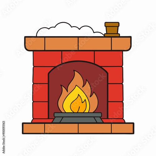 Cozy fireplace vector art illustration on white background