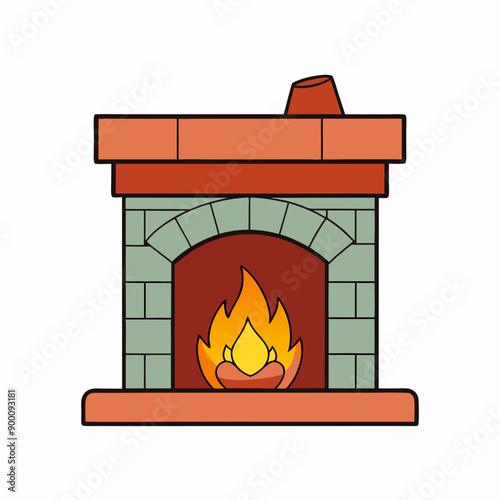 Cozy fireplace vector art illustration on white background