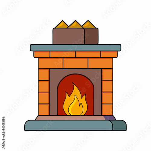 Cozy fireplace vector art illustration on white background