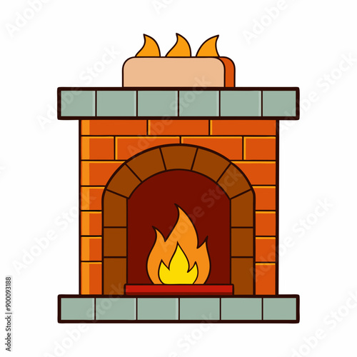 Cozy fireplace vector art illustration on white background