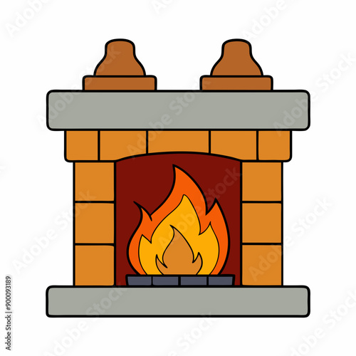 Cozy fireplace vector art illustration on white background