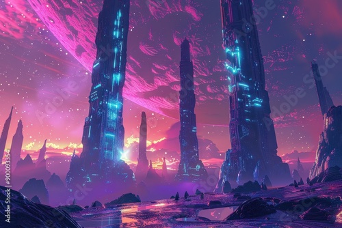 Futuristic Towers Rise Against a Pink Sky on an Alien Planet photo