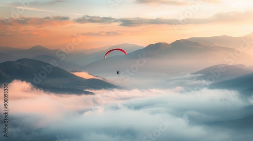 Paragliding, soaring high, over the cloud and mountains , abstract photo 