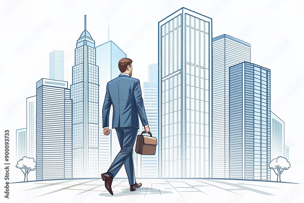 A sleek modern illustration of a professional striding towards a towering corporate skyscraper, conveying ambition and confidence in a simplified artistic style. A sleek modern illustration of a professional striding towards a towering corporate skyscraper, conveying ambition and confidence in a simplified artistic style.