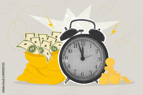 Trendy halftone collage. Time is money.Concept of money,wealth,accumulation,time. Alarm clock with money bag and stacks of coins. Time is worth money,interest rate, dividend concept, income, return