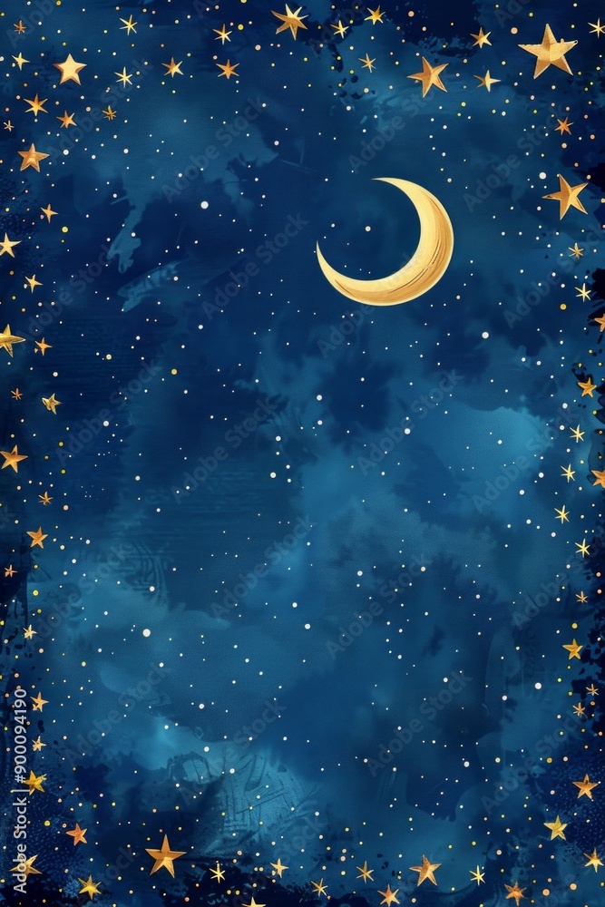 Naklejka premium Starry Night Sky Frame. A frame of twinkling stars, glowing constellations, and a crescent moon. The center is a blank, deep indigo sky, perfect for a serene, celestial backdrop.