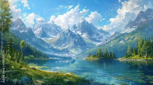 Genesis Landscape: Majestic Mountains and Serene Lake Created by God