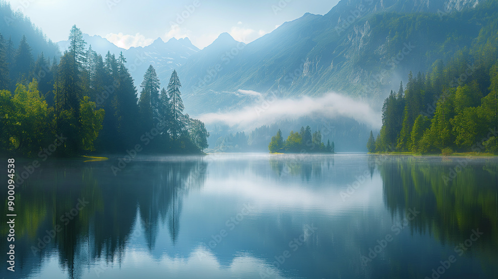 The stunning natural scenery of the lake surrounded by mountains, the mist floating above the water creates a peaceful and mysterious atmosphere. The stunning natural scenery of the lake surrounded by mountains, the mist floating above the water creates a peaceful and mysterious atmosphere.