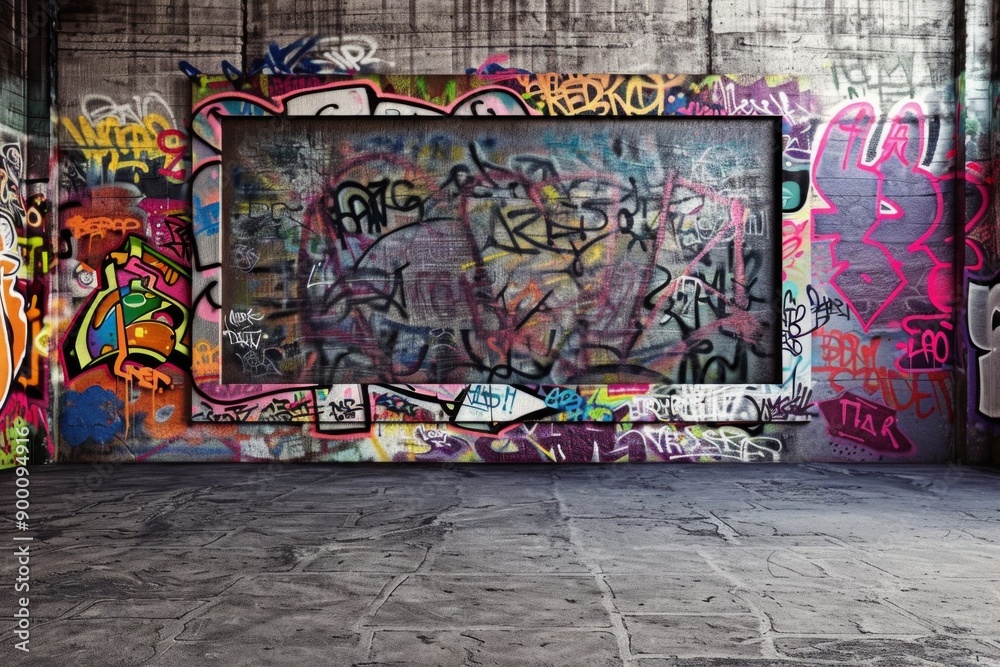 Fototapeta premium Urban Graffiti Wall. A frame of vibrant, colorful graffiti art and street murals. The center is a blank concrete wall, perfect for a gritty, urban backdrop that feels alive with creativity.