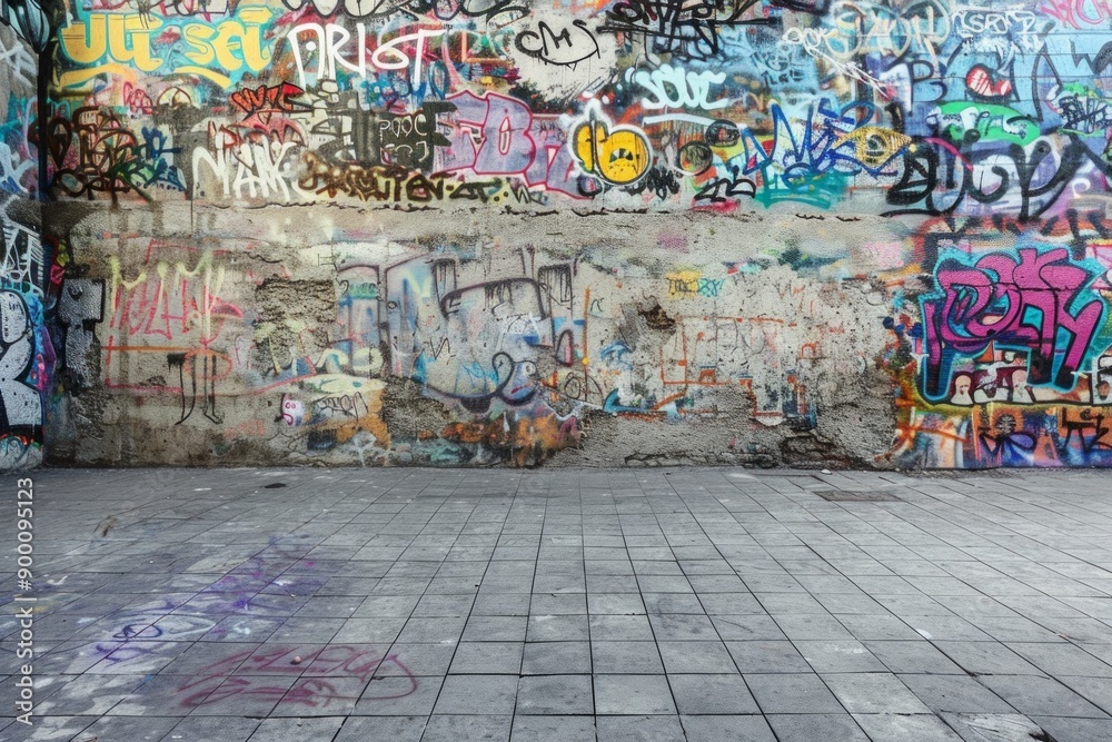Fototapeta premium Urban Graffiti Wall. A frame of vibrant, colorful graffiti art and street murals. 