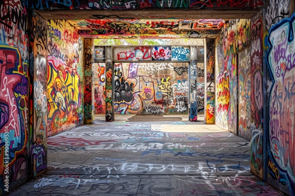 Fototapeta premium Urban Graffiti Wall. A frame of vibrant, colorful graffiti art and street murals. 