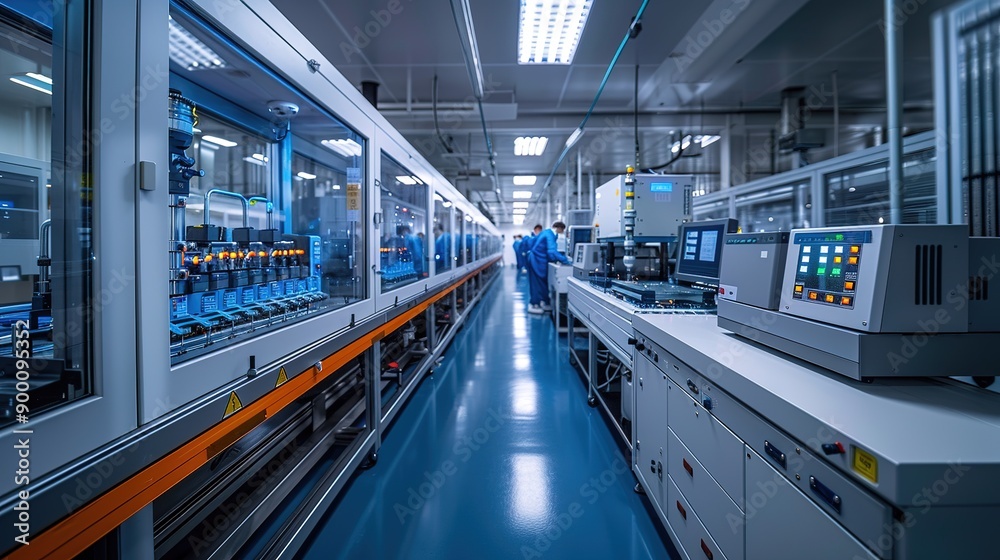 Naklejka premium A factory floor with workers in blue uniforms